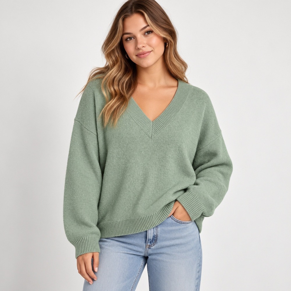 Hollister V-Neck Sweater Women L Sage Green‎ Relaxed Fit Dropped Shoulder Knit